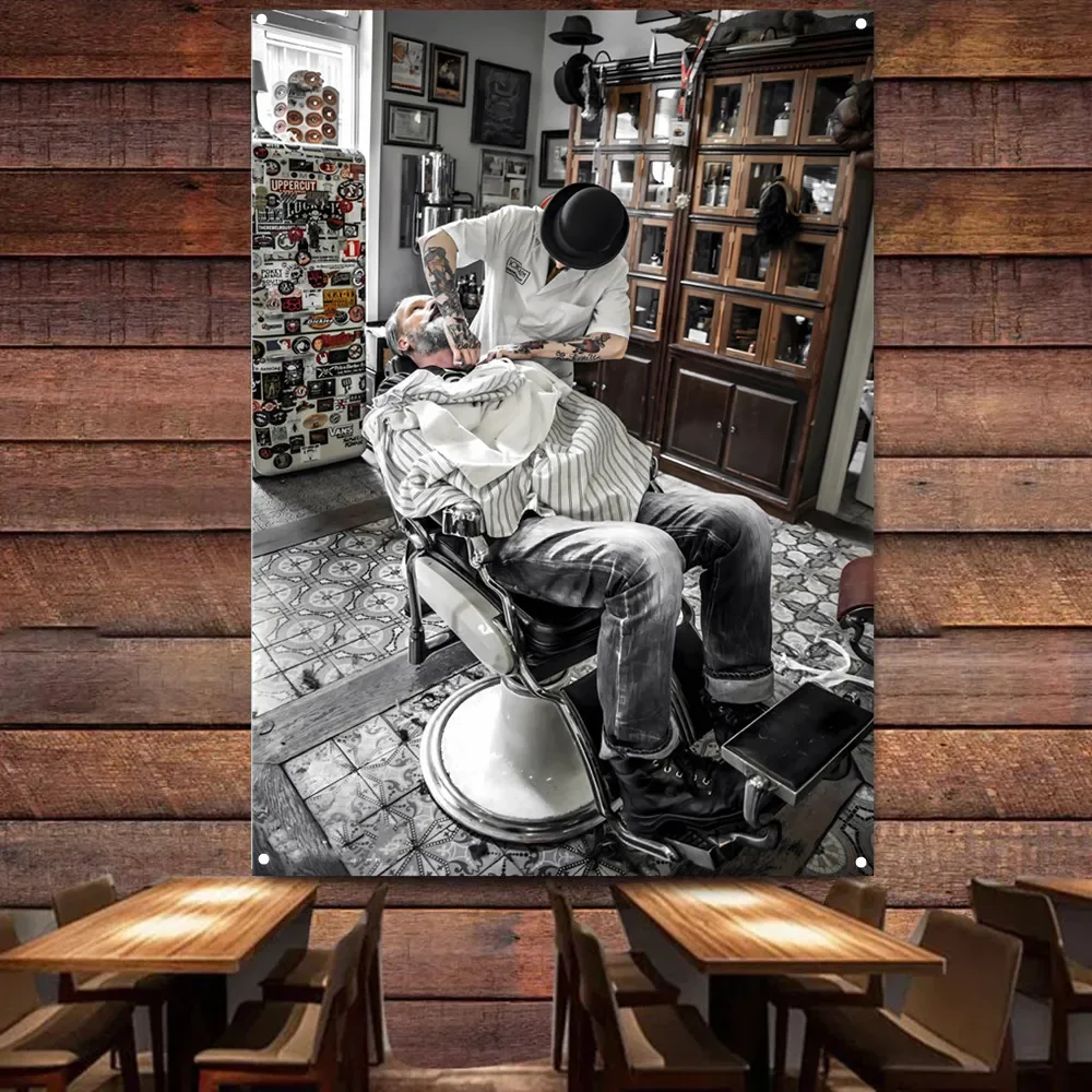 Hairstyling Barber Shop Wall Decor Art Tapestry Haircut and Shaving Posters Print Wall Hanging Flag Polyester Digital Printing 1