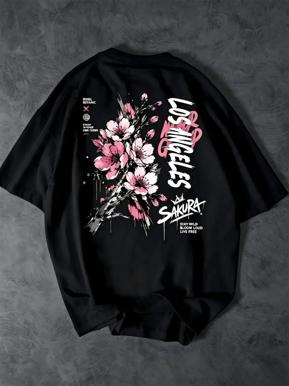 New men's summer Los Angeles letter cherry blossom print comfortable and breathable round neck T-shirt outdoor casual top