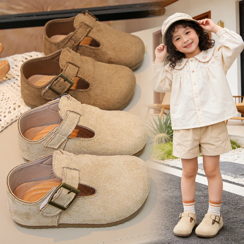 Kids Suede Clogs with Adjustable Buckle, Closed-toe Design, Non-slip Rubber Sole, Casual Flat Shoes for Toddlers & Kids