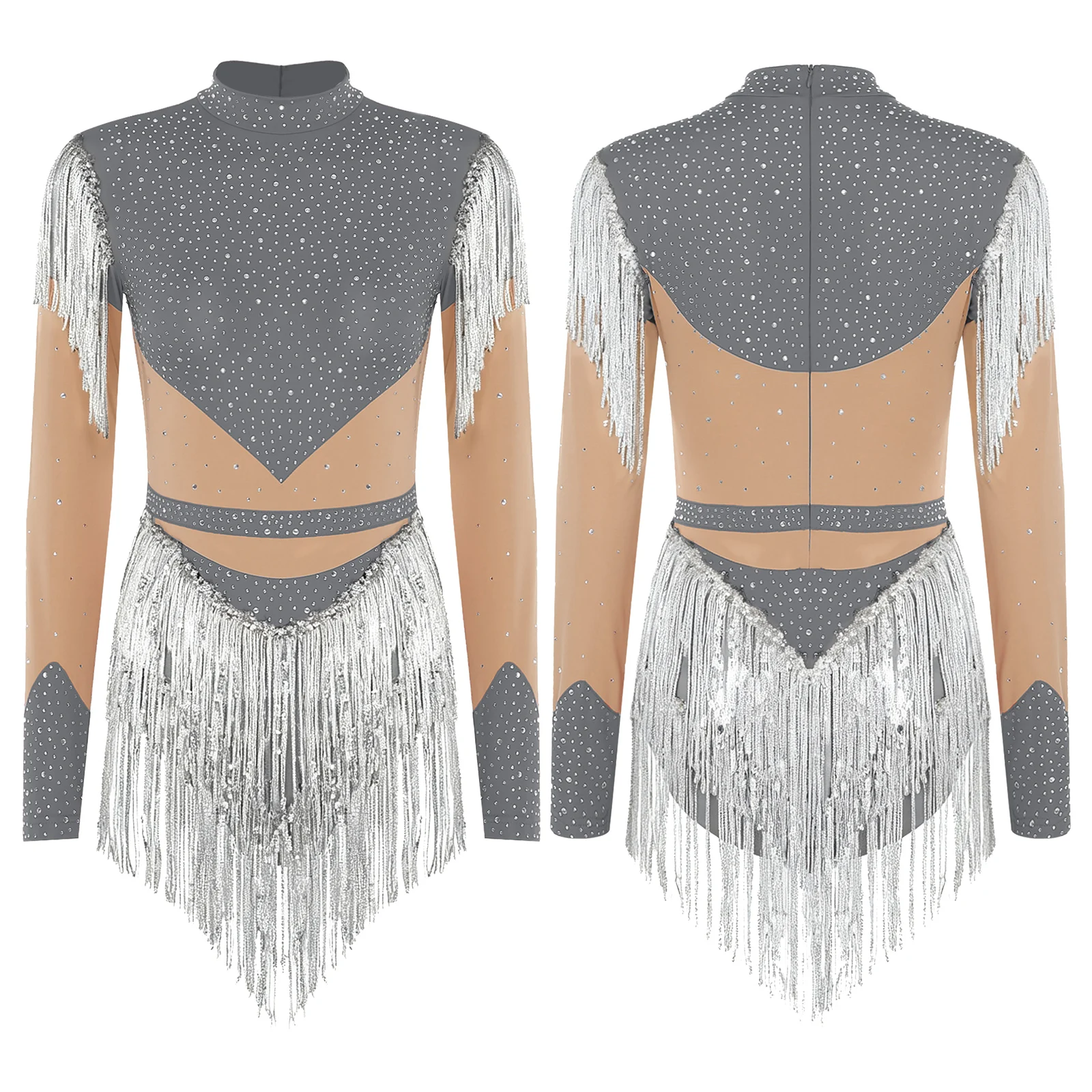 

Women Latin Samba Dancewear Tassel Leotards Contrast Color Rhinestone Long Sleeve Sequin Skirt for Tango Chacha Dance Jazz Salsa