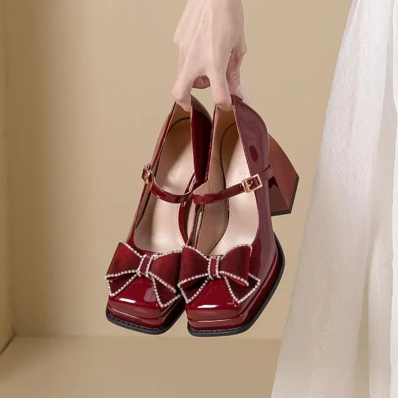 

Женская обувь Мэри Джейн на квадратном высоком каблуке на платформе, модные туфли с узлом-бабочкой, весенне-осенние туфли для свадебной вечеринки, туфли-лодочки на каблуке 9 см