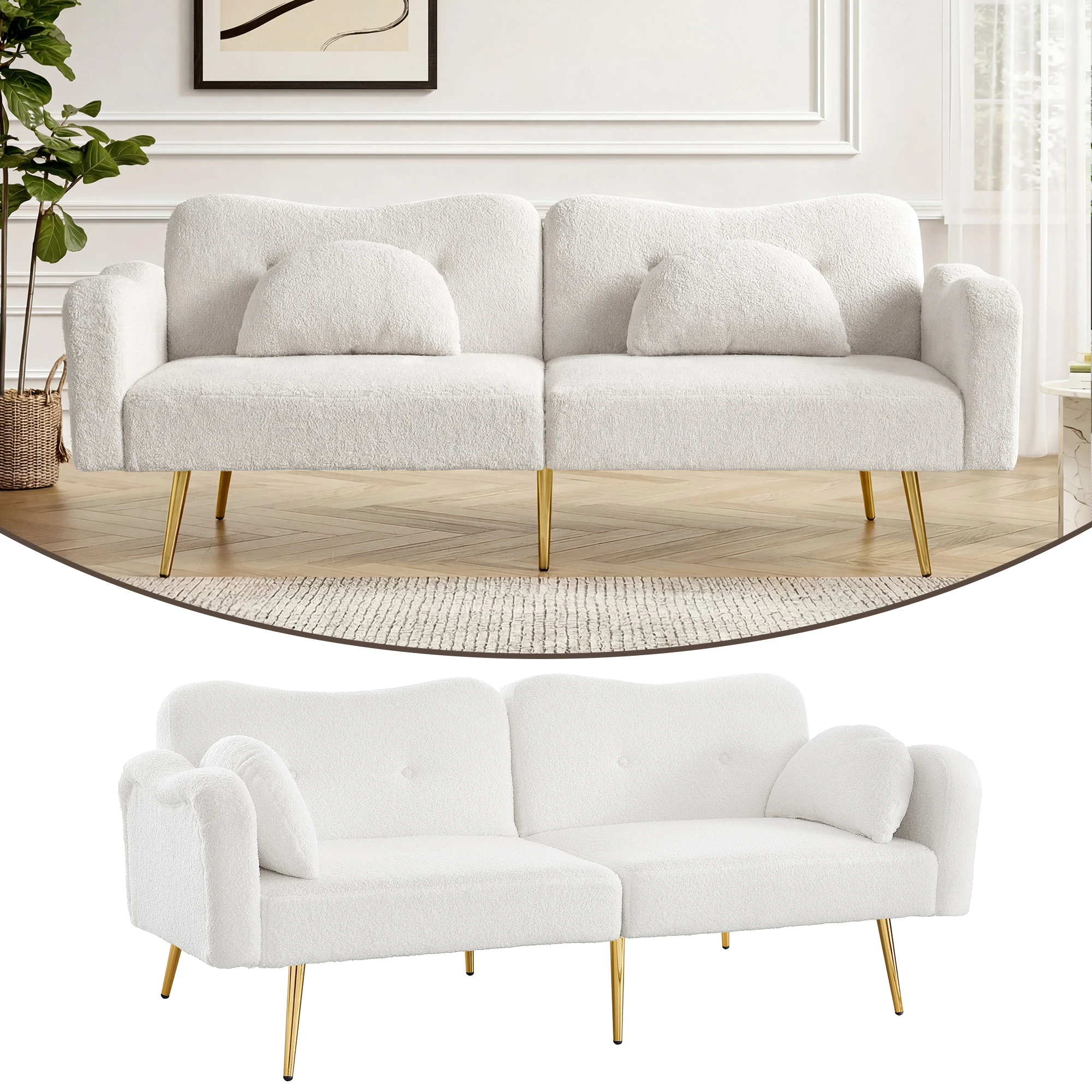 KOMHTOM Zweisitzer Sofabett Multifunktionales 2 In 1 Moebelstueck Mit Verstellbarer Rueckenlehne Vergoldeten Metallfuesen – Detail 6