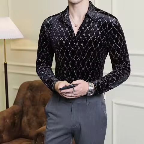 Men's Shirts Autumn Winter Luxury Velvet Social Shirt For Men Clothing 2025 Slim Fit Elegant Formal Grid Shirt Dress Long Sleeve