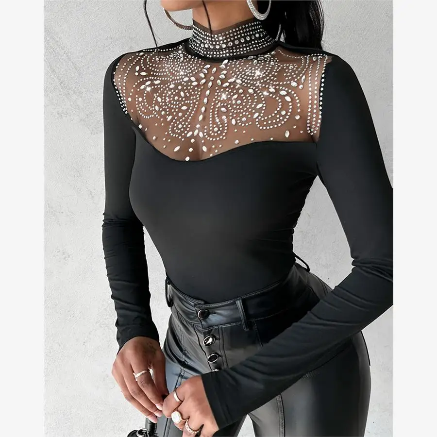 

Slim Fit Diamond Me Spliced Top f High Collar T-irt Street Sle Polyester Long Sve Regular Length Autumn Top