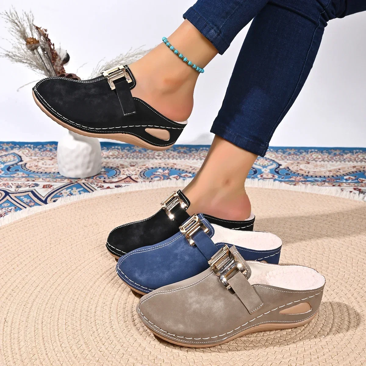 Zapatillas tipo mule para mujer, calzado informal y cómodo para caminar, sandalias para el hogar, sandalias de cuña para mujer, sandalias de tacón grueso, sandalias con puntera cerrada, sandalias sin cordones.