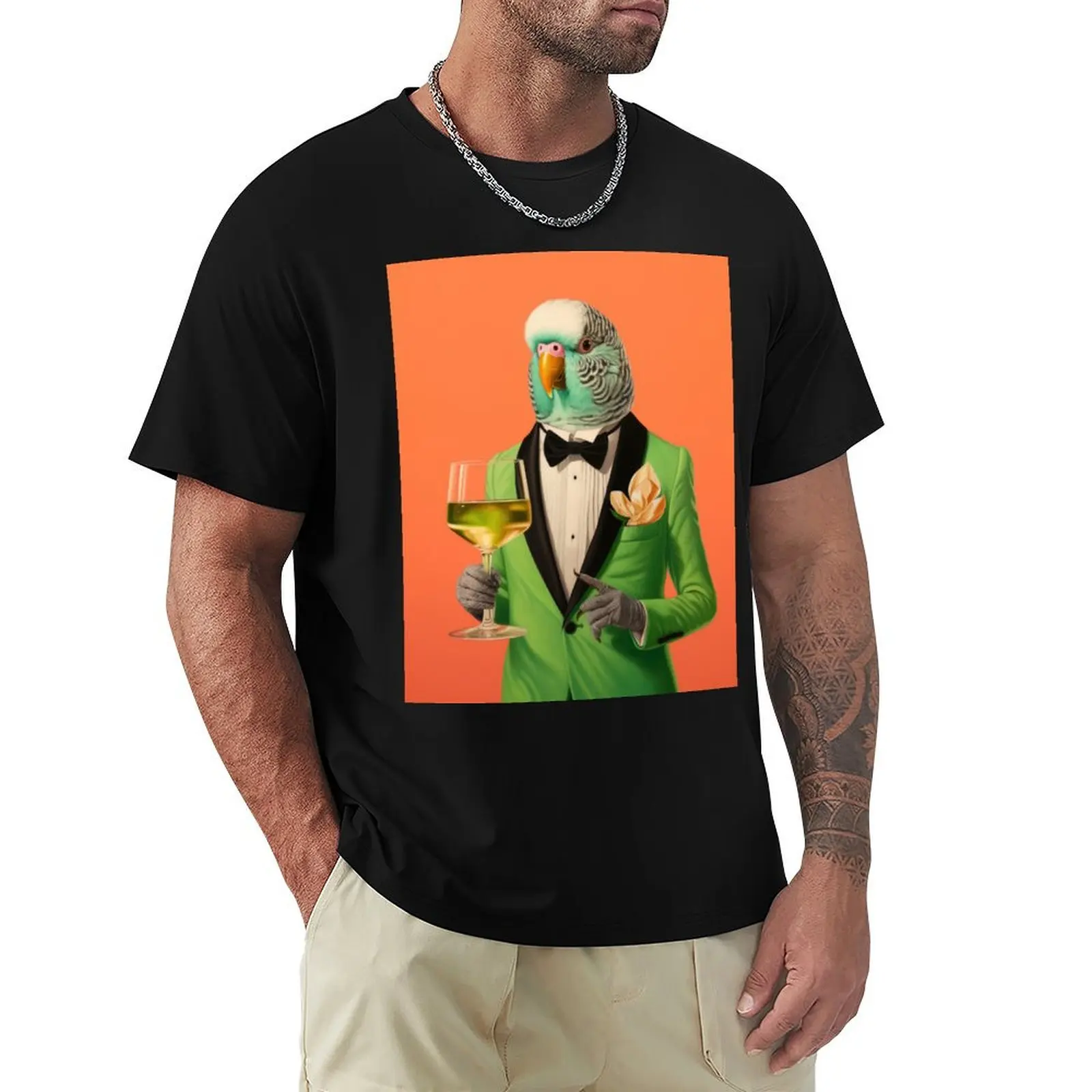

A beautiful bird in a tuxedo and a drink T-Shirt funny meme t-shirts topping Clothing anime tshirt mens vintage t shirts