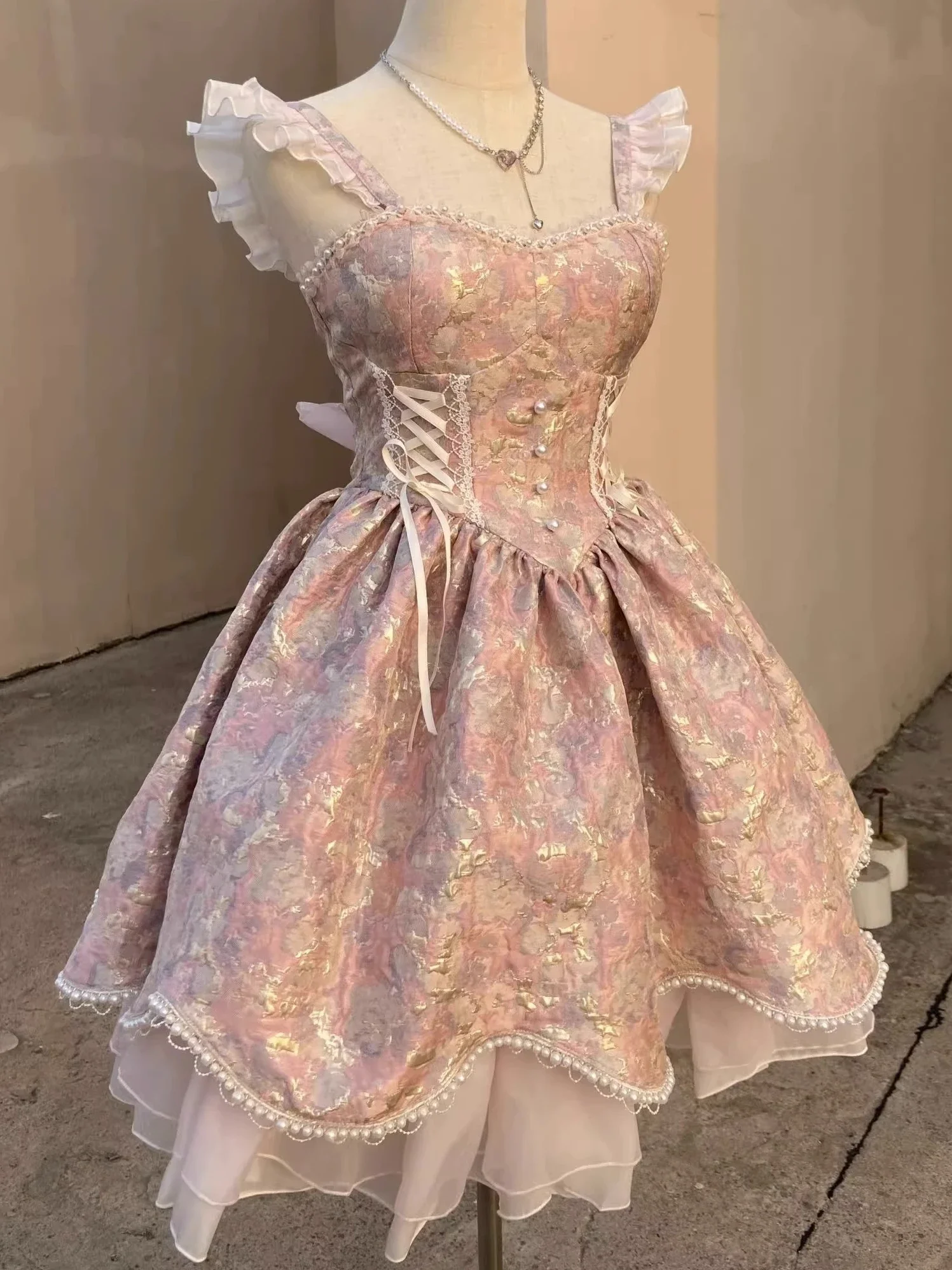 Pink Purple Flying Sleeve High Waist Jacquard Lolita Dress for Women 2023 Summer New Cute Sweet Umbrella Princess Dress Female