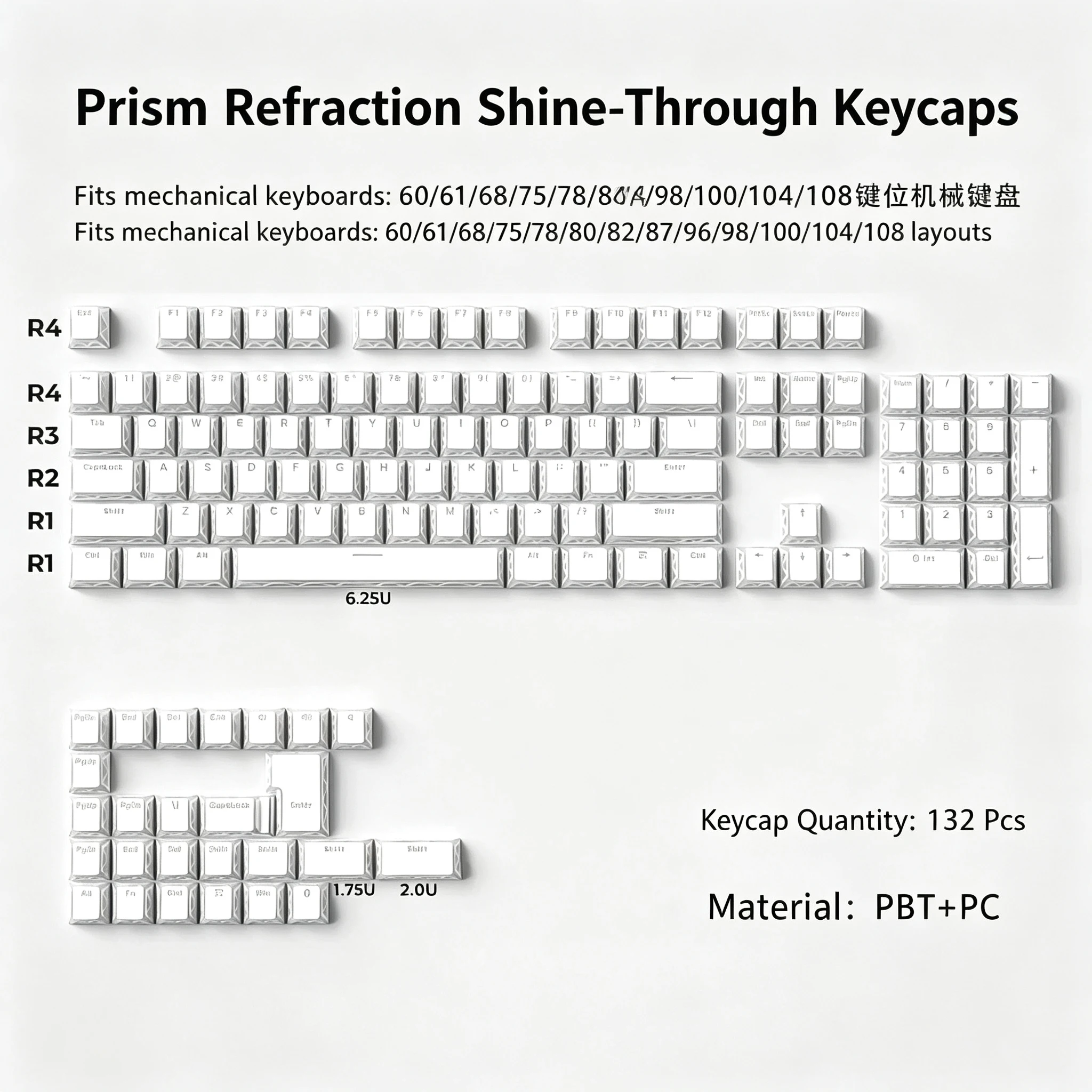 Folding Shadow Hollow Top Print RGB Backlit Key Caps Double Shot PBT Keycaps Cherry Profile for MX Switches Gaming Keyboard