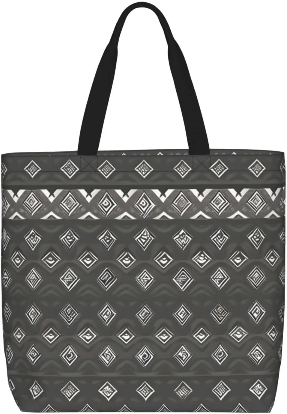 Grey Tribal Tote Bag with Zipper for Women Inside Mesh Pocket Heavy Duty Casual Anti-water Cloth Shoulder Handbag Outdoors