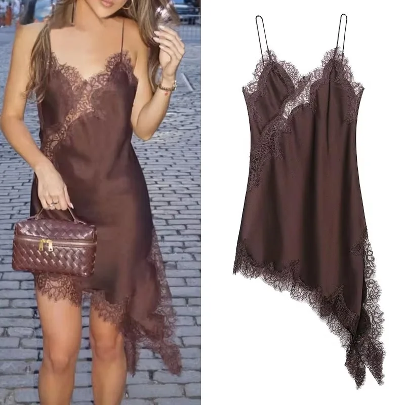

2025 Sexy Hollow Out See Through Lace Spliced Satin Sling Dress Women Side Slit Hem Asymmetric Dresses Backless Robe