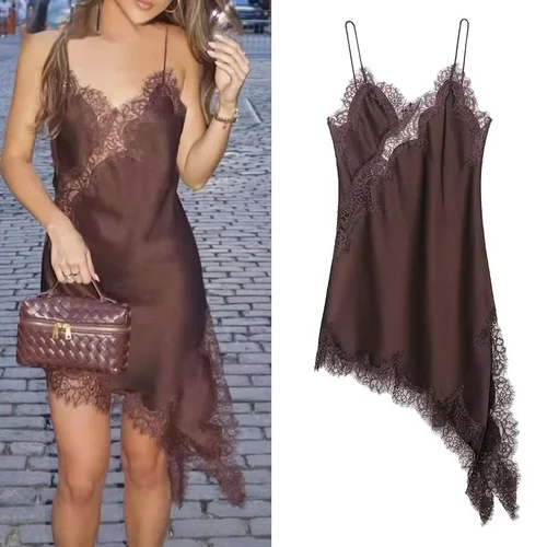 2025 vestido Sexy ahuecado transparente de encaje empalmado de satén con tirantes para mujer, vestidos asimétricos con dobladillo con abertura lateral, bata sin espalda