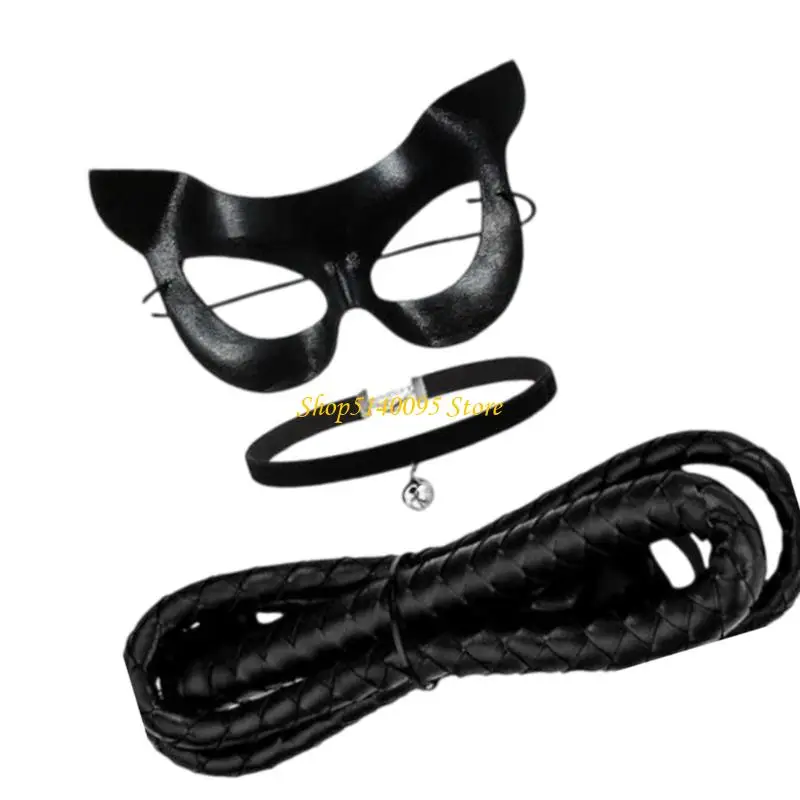 

DXAE 3Pcs Black Cats Costume Cats Face Mask Masquerades Mask,Bells Choker Whip for Dressing Up Party Cosplay Halloween Costumes