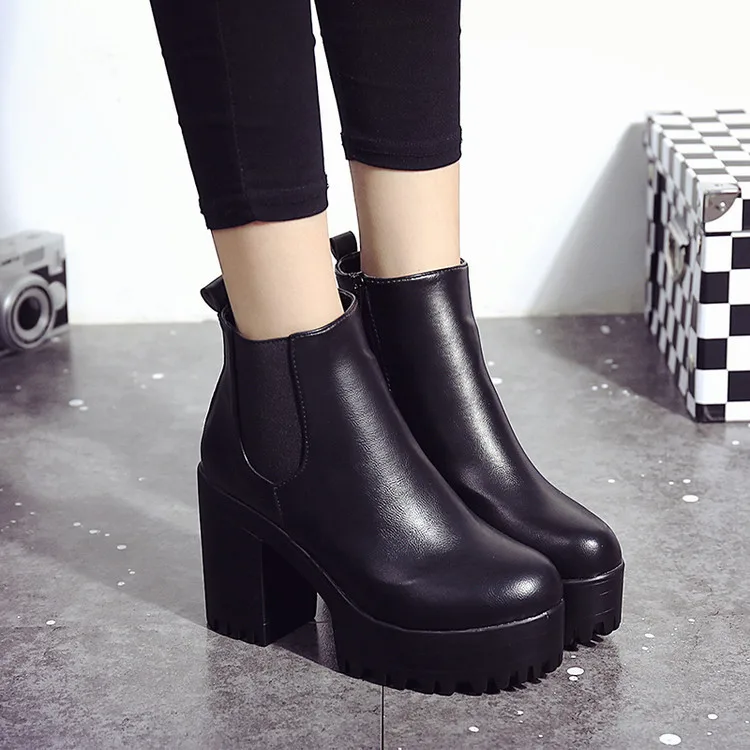 

Fashion Women High-heeled Boots Square Heel Platforms Black Leather Thigh High Pump Boots for Women Motorcycle Shoes Botas Mujer