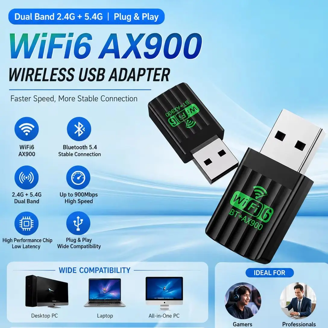 USB Wireless Network Card WiFi6 AX900/600 Dual Band 2.4G 5G + BT 5.4 Network Adapter for Windows 10 11 Computer Network Accessor