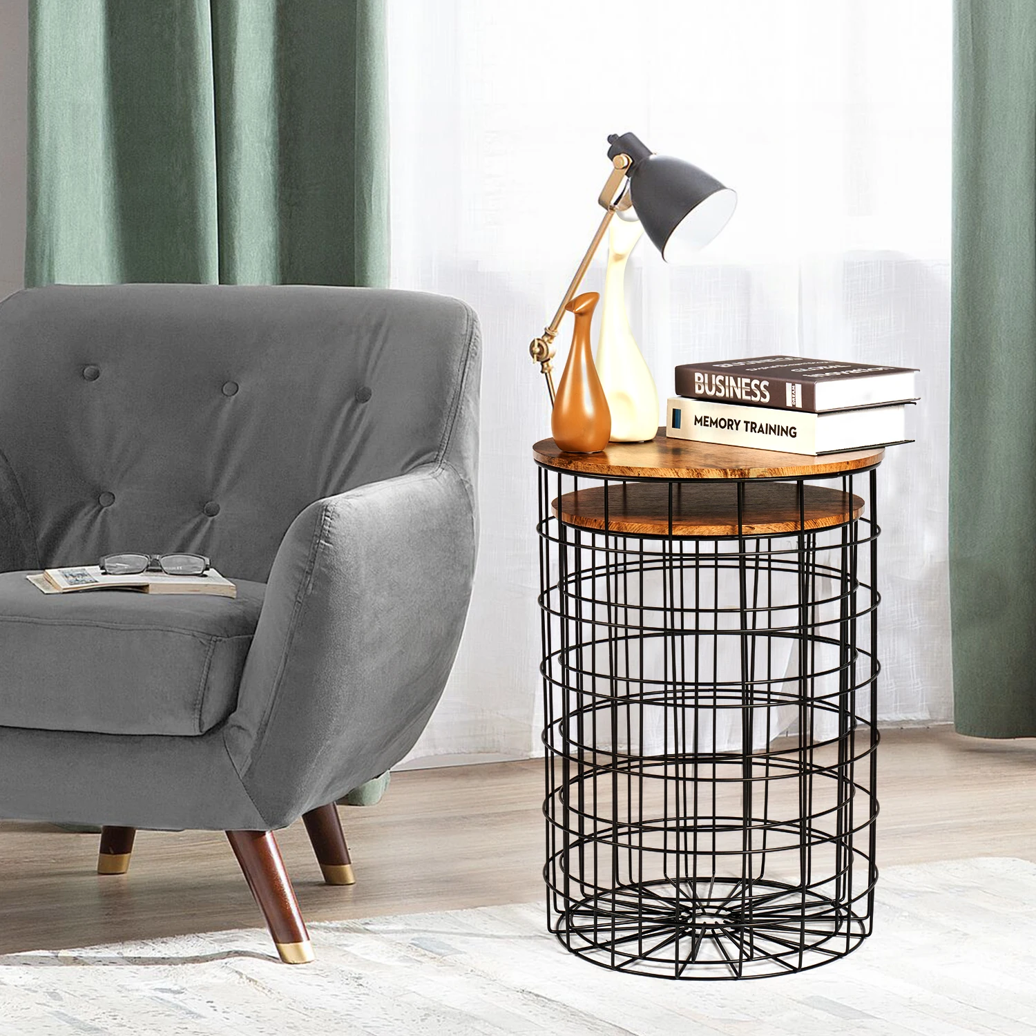 Side Tables Wire Basket Table with Lid, Round End Table with Removeable Top and Steel Frame for Living Room, Bedroom, Office