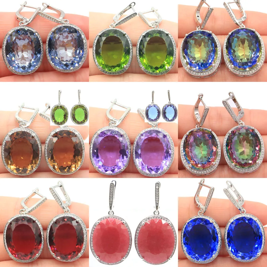 

Buy 5 Get 1 Free 40x21mm Big 17.5g Gemstone Peridot Tourmaline Fire Rainbow Mystic Topaz Blue Topaz Silver Earrings