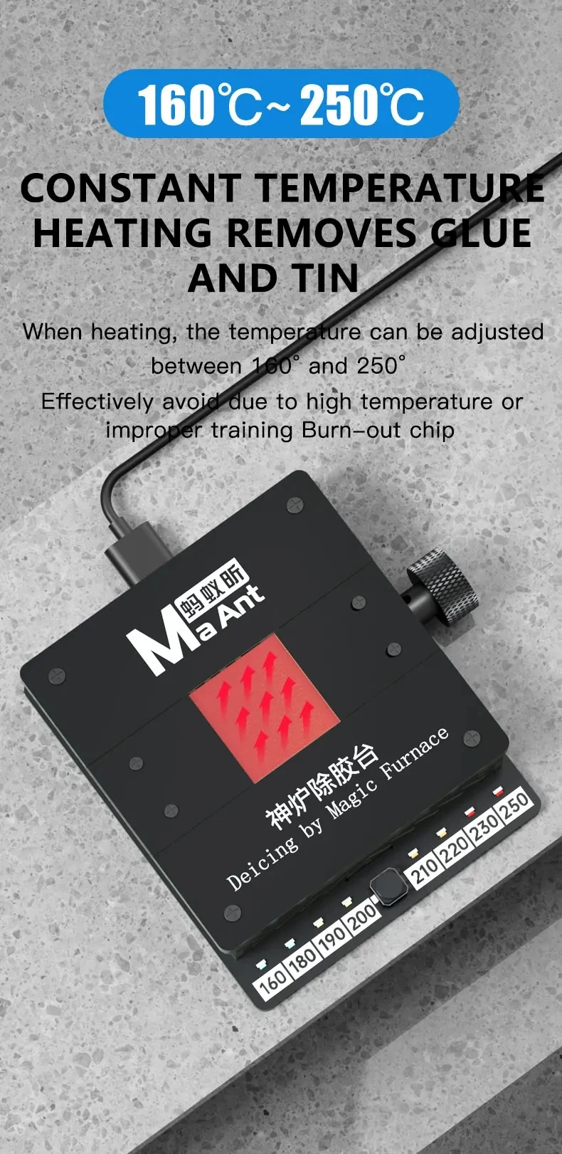 MaAnt SL-2 Stazione di riscaldamento per smontaggio chip IC da tavolo per rimozione rapida della temperatura per incollaggio di chip del telefono cellulare/riparazione della pulizia della piattaforma