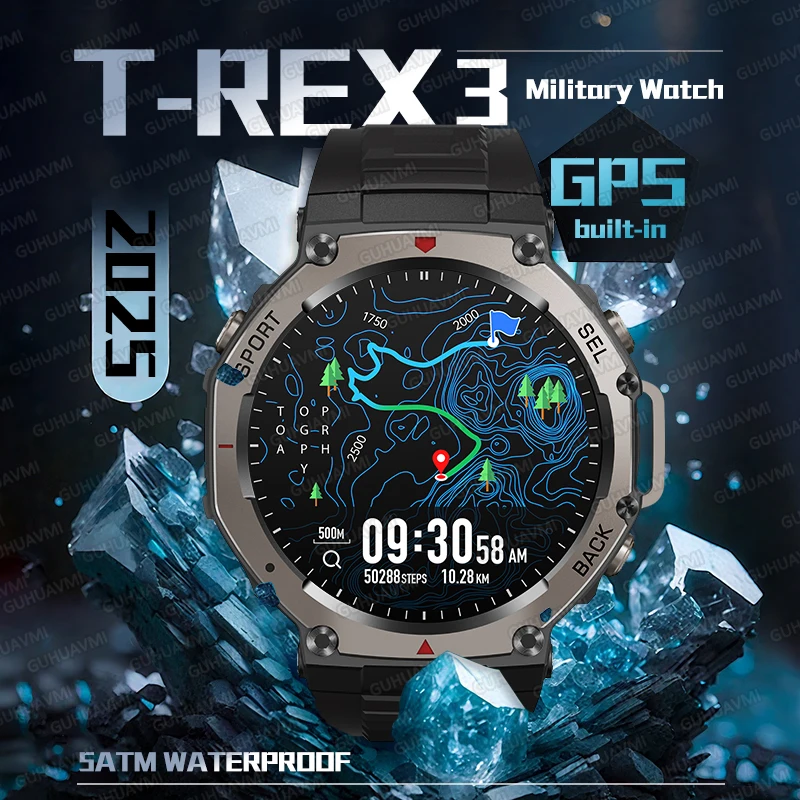 

2025 Adult Military T Rex 3 GPS Smart watch 5ATM Waterproof 500mAh Battery Dual-band GNSS Outdoor Fitness 170+ Sport Watches Men