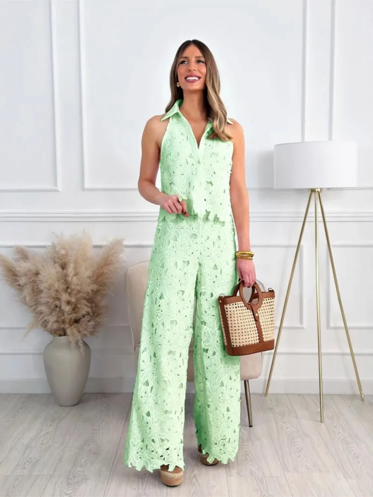 الصيف المرأة بسيطة بلون قطعتين مجموعات مريحة رداء غير رسمية جوفاء الخامس الرقبة الدانتيل سترة علوية واسعة الساق بنطلون مستقيم #1