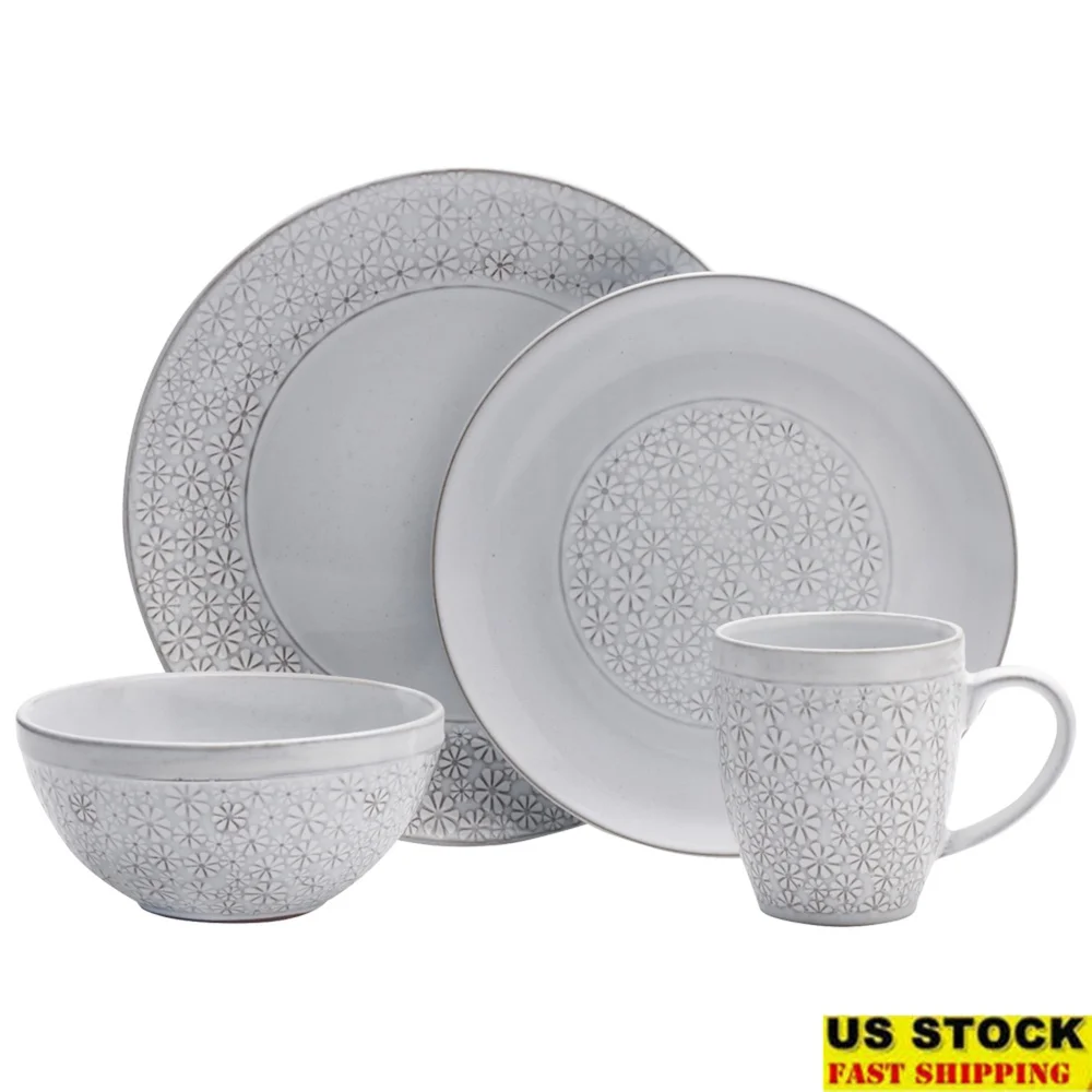 

16 Piece Stoneware Dinnerware Set Service 4 Microwave Dishwasher Safe High Quality Porcelain Floral Embossed Modern Design