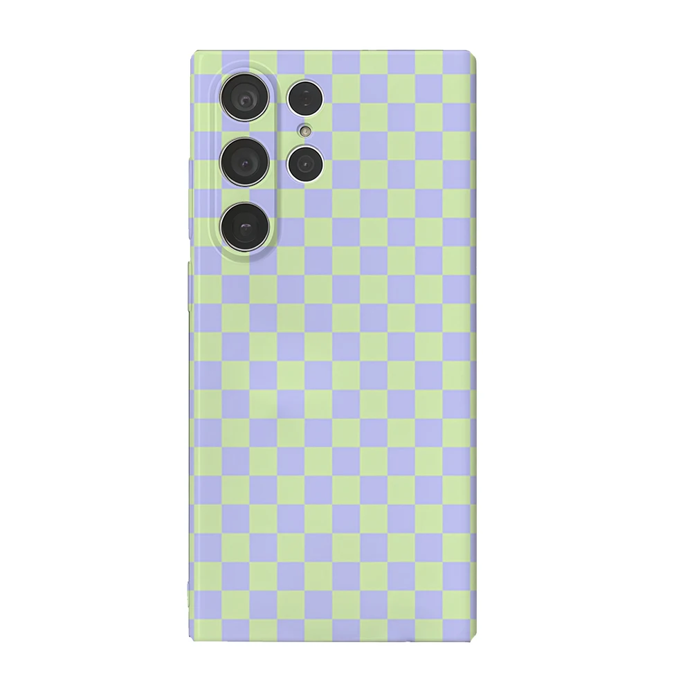 Lila und grüne Schachbrett-Handyhülle für Samsung Galaxy S25 S24 S23 Ultra Plus A35 A332, glänzende HD-Hartschale