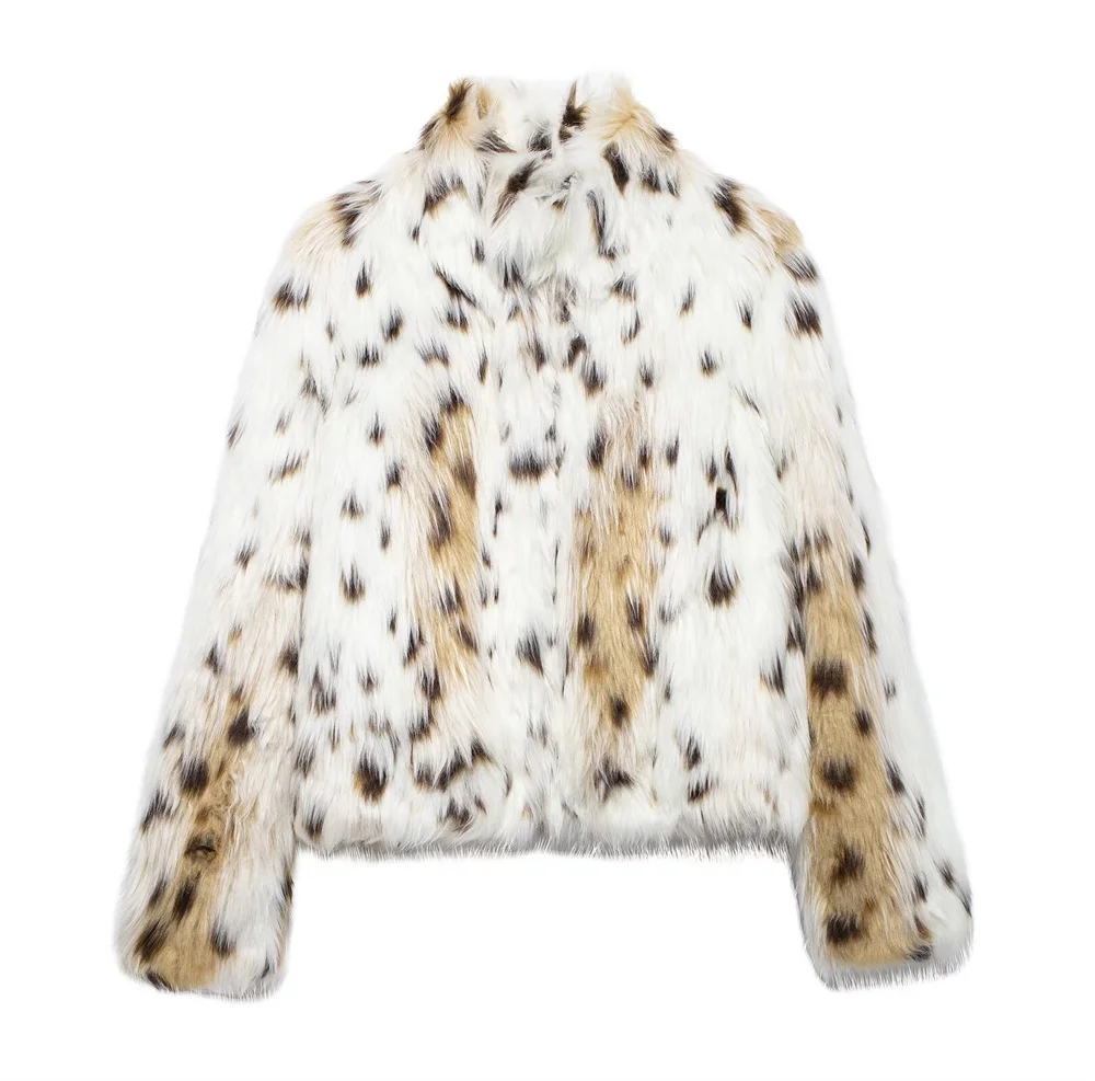 Fashion Leopard Print Faux Fur Coat for Women Stand Collar Long Sleeve Plush Jacket 2024 Autumn Winter uxury Outerwears