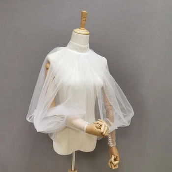 Scialle da sposa coreano con collo alto in tulle lucido a maniche lunghe da sposa personalizzato