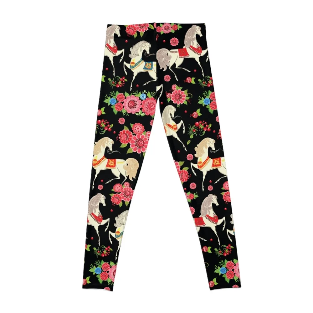 Dancing Horse with Red Rose Flower in Black Background Pattern Leggings Pants sport Fitness clothing Womens Leggings