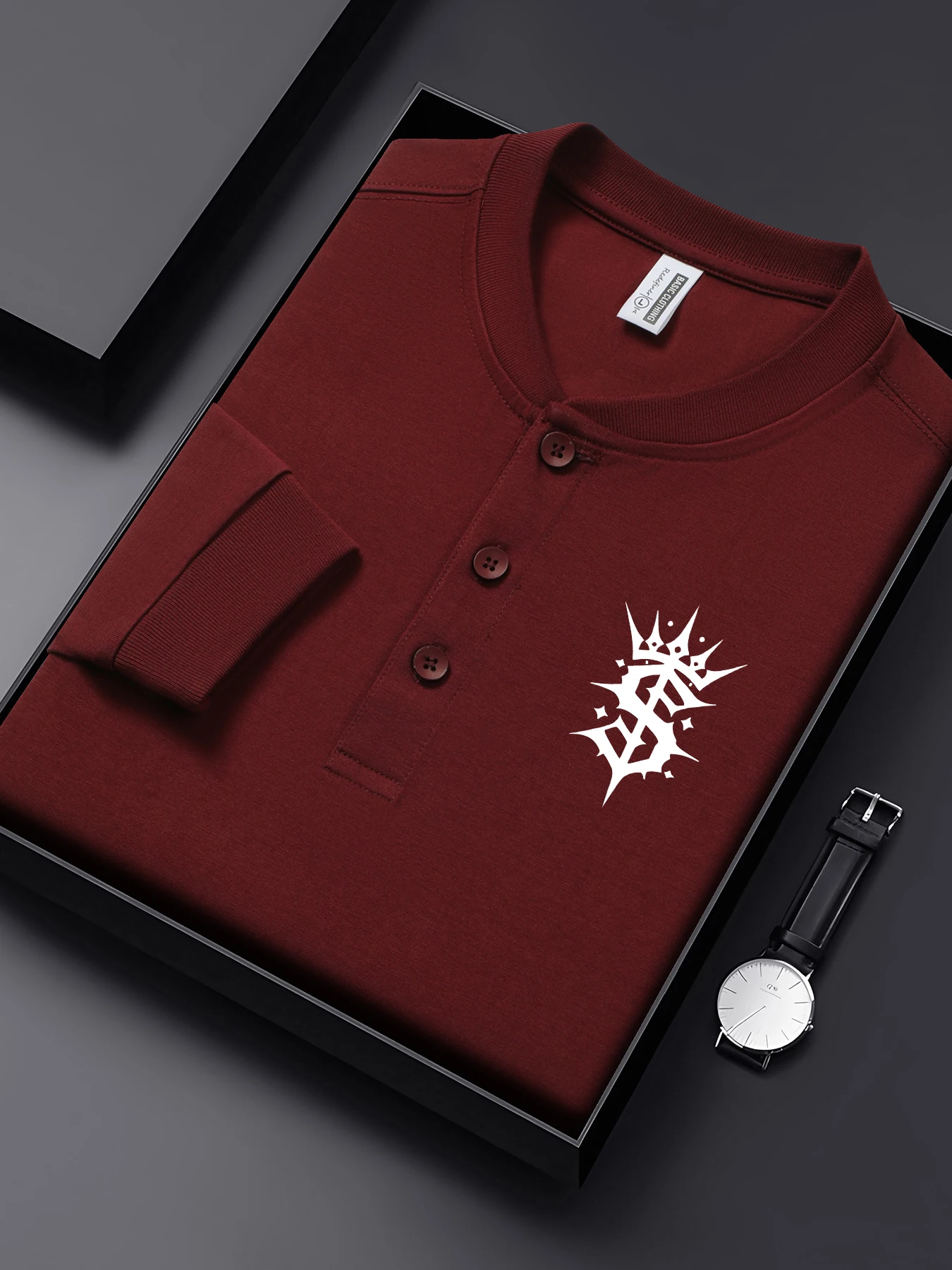 

Crown Letter S Simple Pattern Mens Henley T Shirt Hip Hop All-Match Tops Sports Cotton Clothing Autumn Henry Neck Long Sleeve