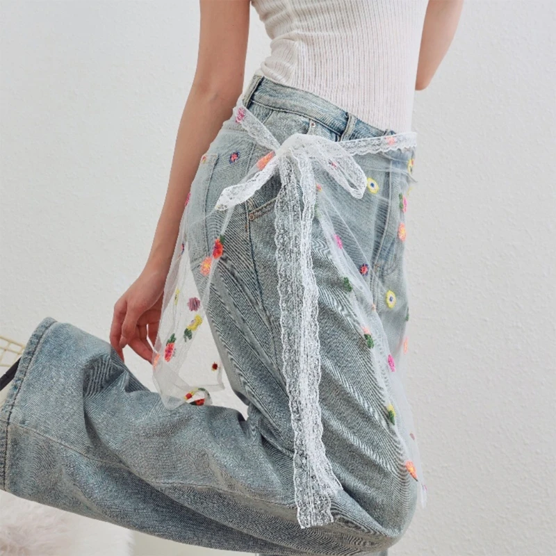 Embroidery Colorful Flower Sheer Half Skirt Hip Scarf Women Aesthetic See Through Apron Skirt Lace Up Bows Overskirt