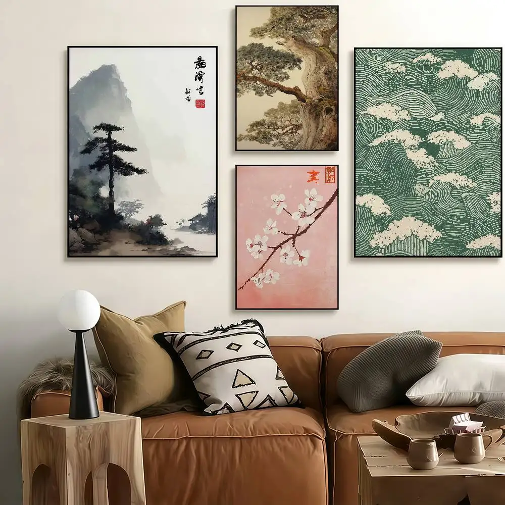 Crane Vintage Ukiyo-e Red Sun And Pine Tree Print Poster Self-adhesive Art Waterproof Paper Sticker Coffee House Room Wall Decor