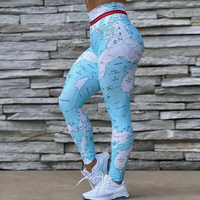 NADANBAO kobieta mapa legginsy z nadrukiem wysoki stan spodnie Skinny fit damska sportowa spodnie do ćwiczeń kobieta do biegania na dole — zdjęcie 2