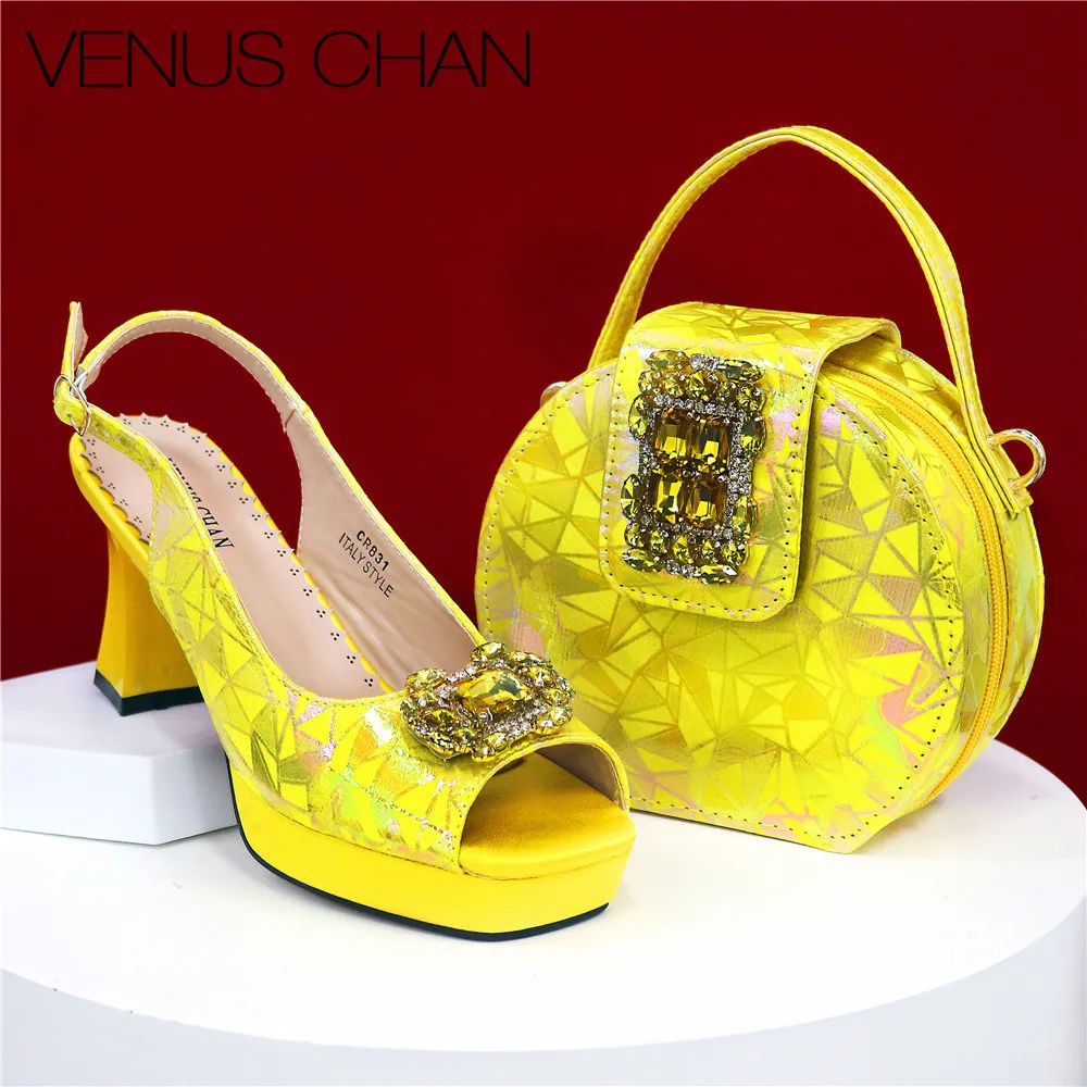 High Heel Shoes Elegant Yellow Rhinestone Metallic Diamond Accents Paired with Match Handbag Exquisite Special Material