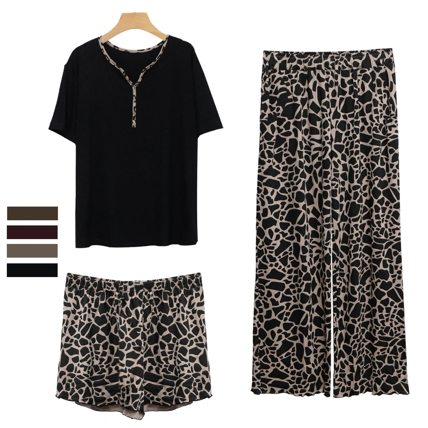 

Women's 3-Piece Pajama Set - Short Sleeve Leopard Print Sleepwear with Shorts & Long Pants Casual Loungewear for Spring, Summer