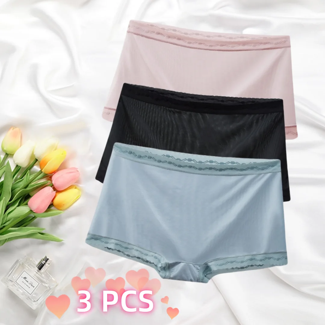 

3 Pieces Women's Boxer Briefs Comfortable Cotton Mid-waist Women Summer High Elastic Non-marking Ice Silk Breathable