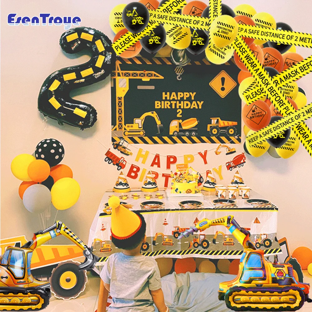 Engineering Vehicle Theme 4D Balloon Disposable Tableware Set Cake Topper Flagbanner Construction Boy Birthday Party Decorations