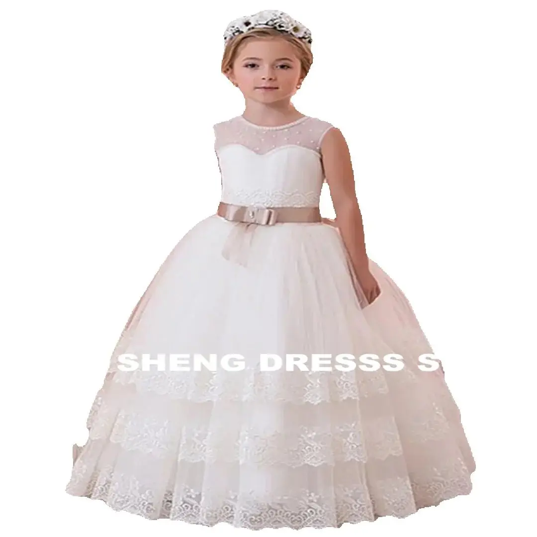 Cascading Lace Flower Girl Dresses For Weddings First Communion Dresses With Ribbons Girls Pageant Gown