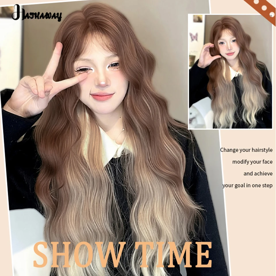 Forehead Lace Gradient Wig Female Synthetic Long Hair Temperament Points Paris Painting Dyed Wavy Long Curly Hair Full Head Wig