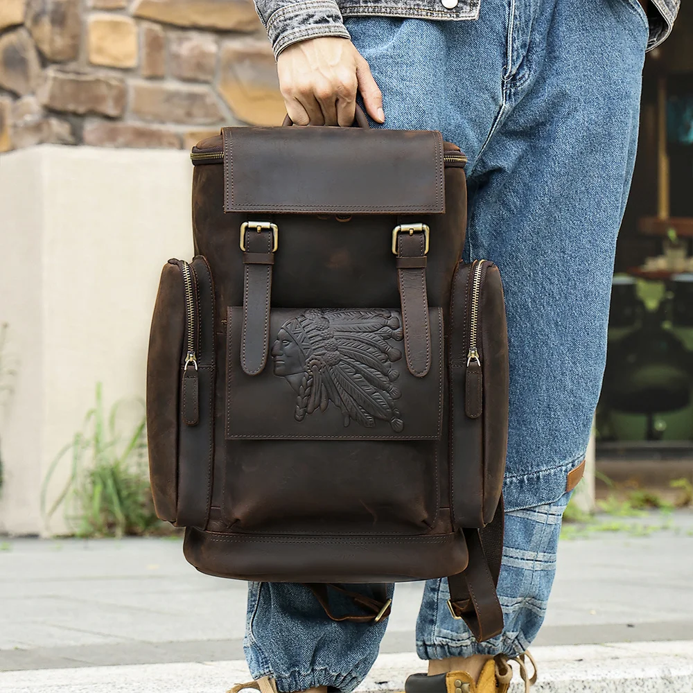 Mochila De piel auténtica para hombre, bolso para portátil de 15,6 pulgadas, de gran capacidad, para negocios, viajes, senderismo, con relieve Vintage