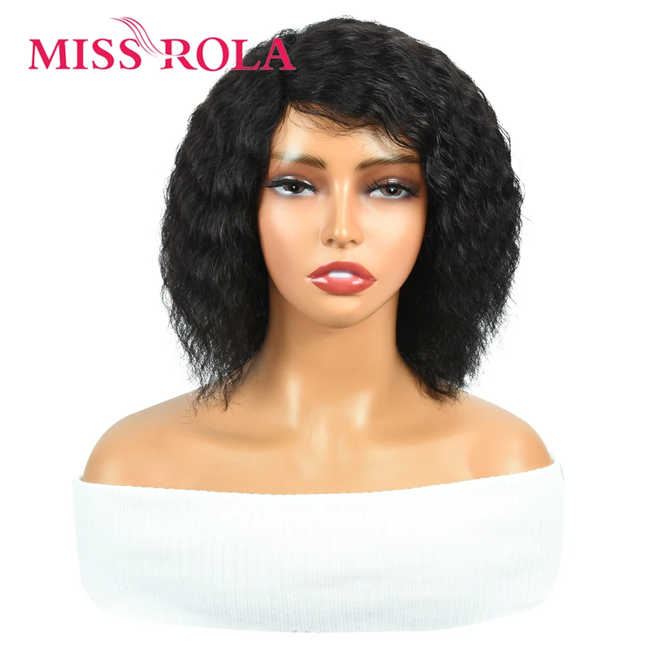 Miss Rola Brazilian 4X1 Lace Part Human Hair Wigs Right Side Part Water Wave Wig With Bangs Remy Lace Wig 180% Density