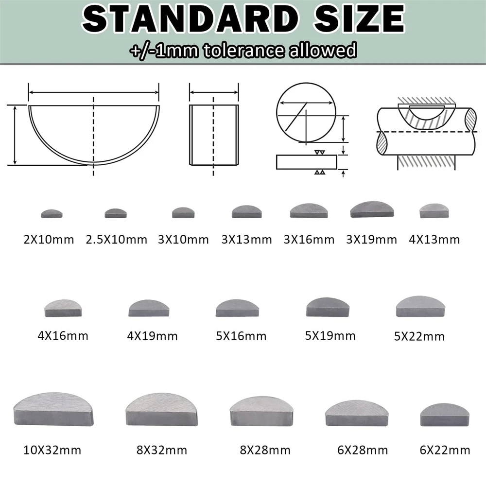 164pcs Metric Woodruff Key Assortment Kit with 17 Sizes - Woodruff Semicircle Key - Half Moon Key - Keyway - Shaft Crank Key