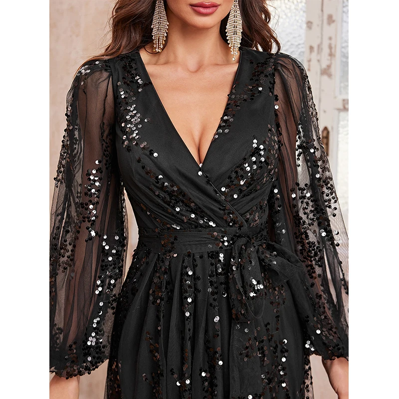 Black dress 2024 New Women Long sleeve V Neck High Waist Elegant Sequined Cocktail Prom Wedding Evening Party Long Maxi dresses