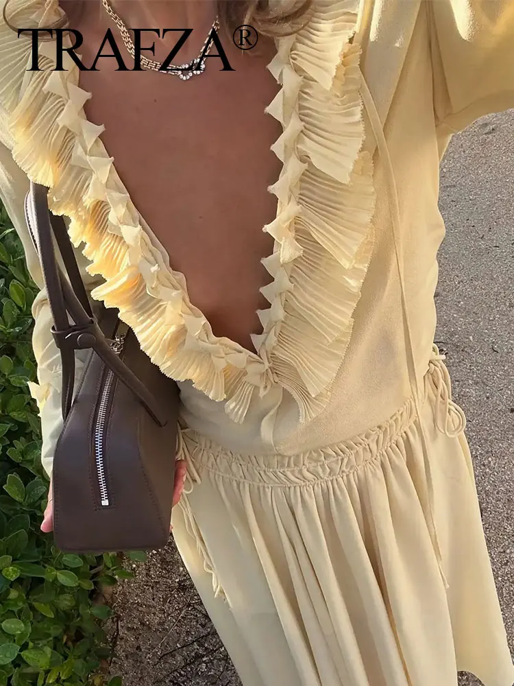 TRAFZA Camicie a maniche lunghe casual chic estive da donna Decorazione a strati giallo chiaro Camicette con lacci con scollo a V alla moda da donna
