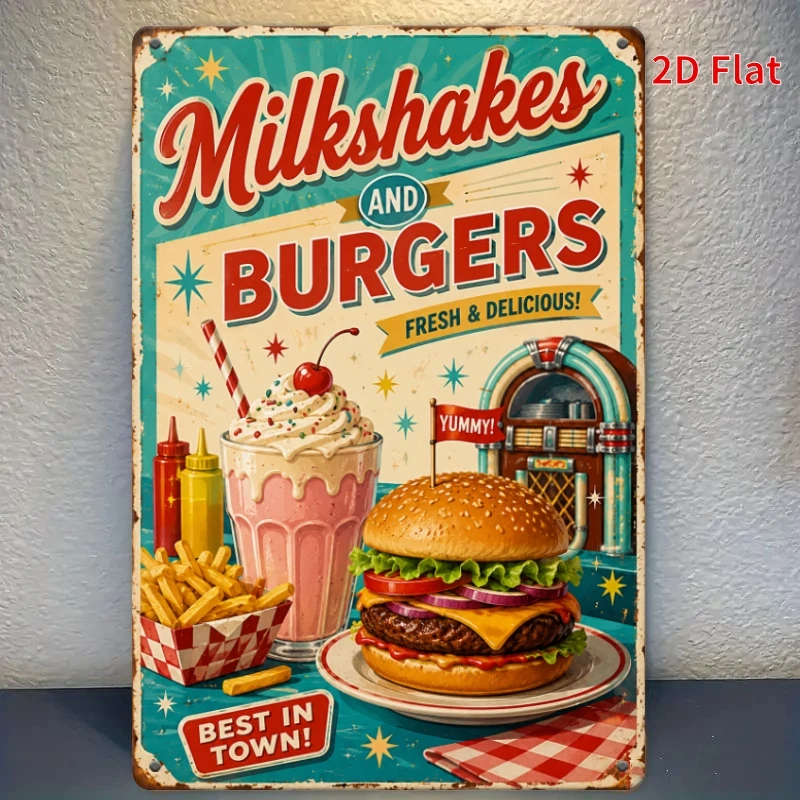 1pc 30X20Cm Diner Decorative Signs, Milkshakes And Burgers Fresh Delicious Vintage Sign, Fries Jukebox Retro Metal Plaque
