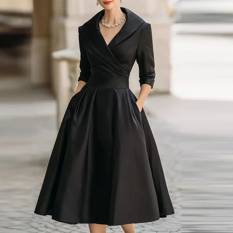 فساتين ماكسي إمبراطورية للخريف والشتاء للنساء، فستان حفلات بأكمام طويلة، فستان أنيق بياقة مقلوبة على شكل حرف a