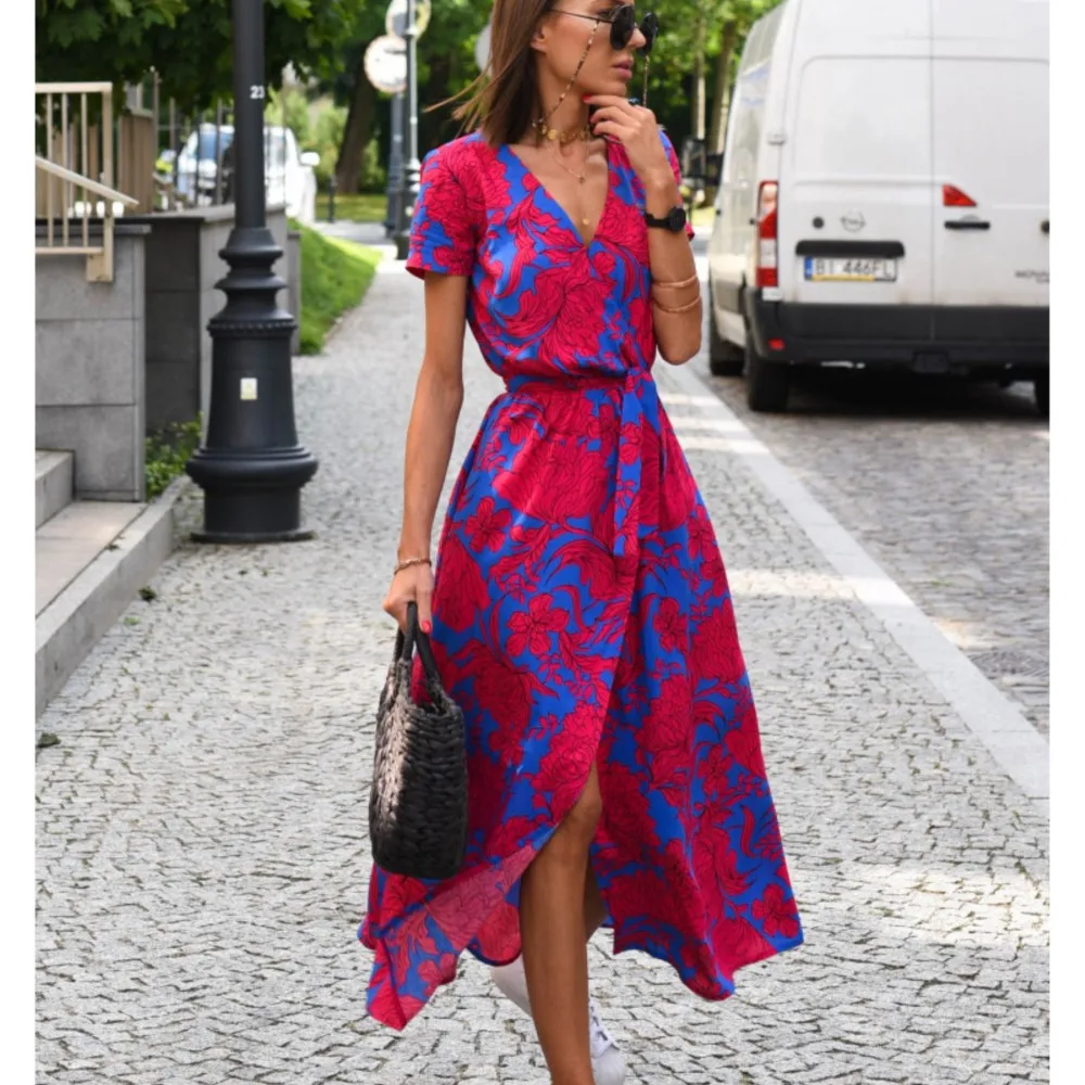 Vestidos Midi con estampado Floral para mujer, vestido Sexy de verano con cuello en V y cordones divididos, vestido de playa informal de manga corta elegante a la moda