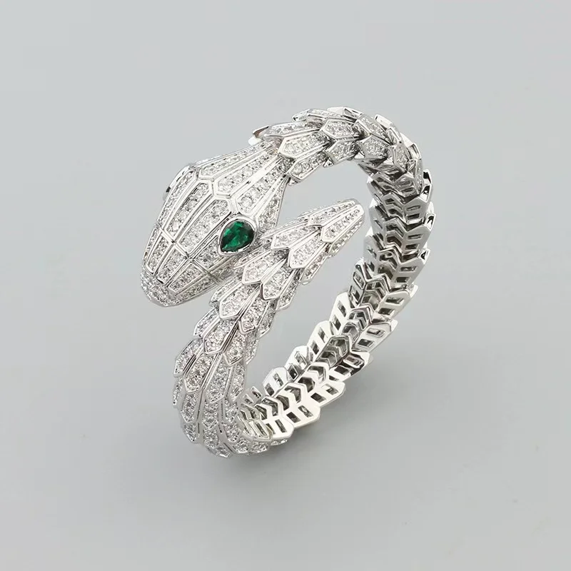 ZOCA High Quality 925 Sterling Silver Big Snake Ring Platinum Plated Green Zircon Retro Textures Snake Ring Fine Jewelry