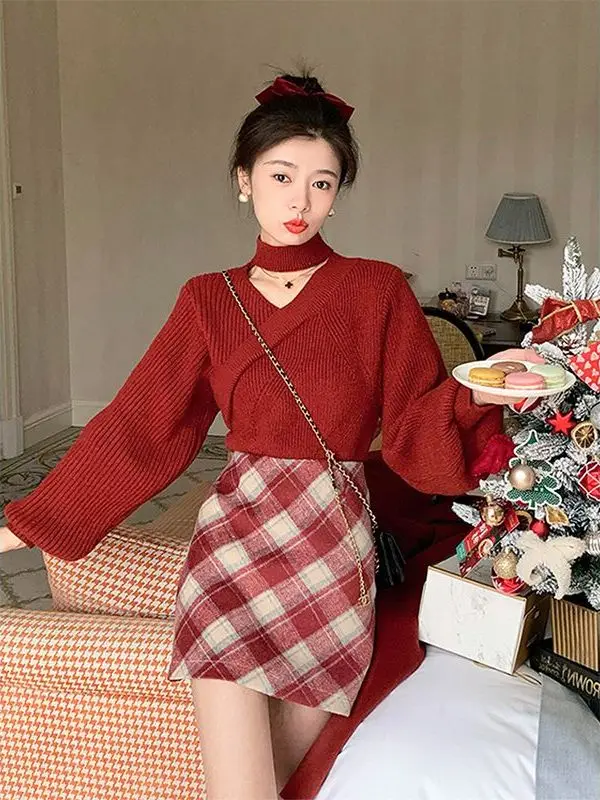 Red Hanging Ne Sweater Women's Base irt Lazy Sle High-End Beautiful Faionable New Year's Clothes Loose Fit Long Sve