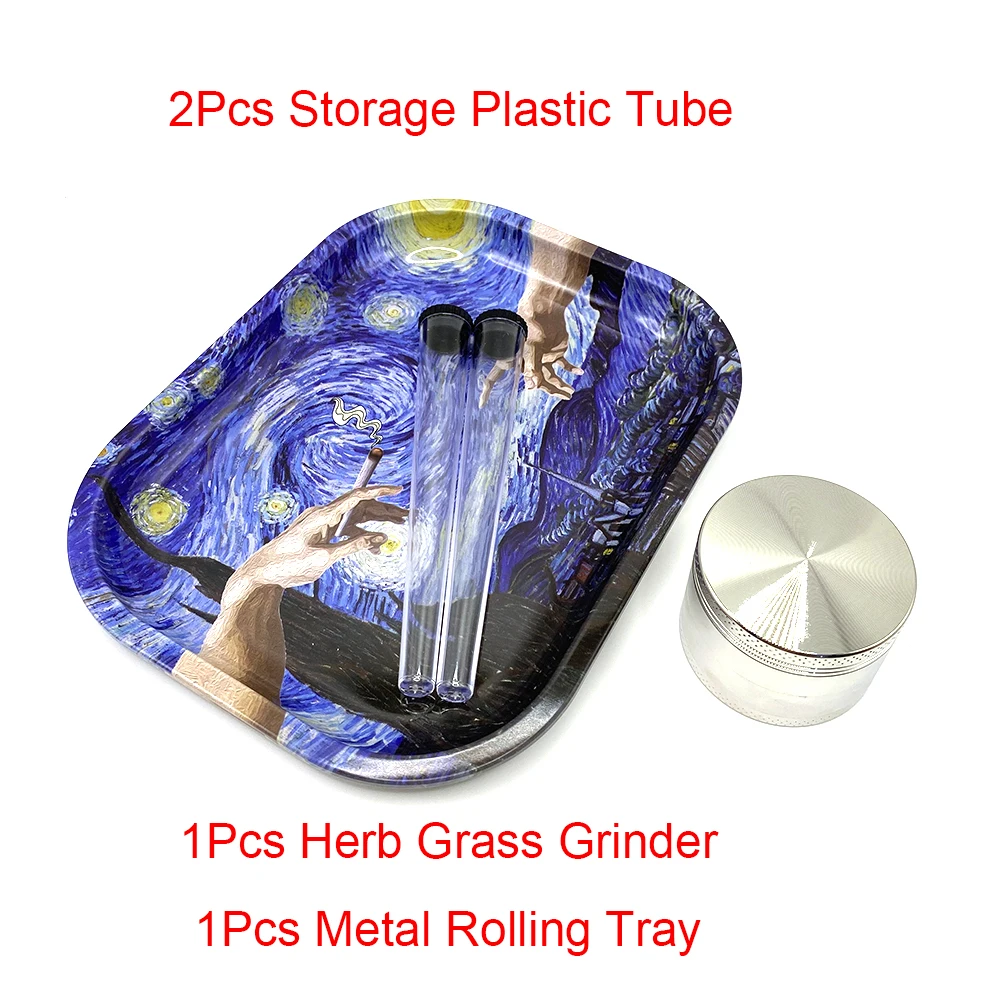 5Pcs/Set Cigarette 50MM 4 Layer Herb Grass Grinder Tobacco Storage Tube 18X14CM Metal Rolling Tray Smoke Kit