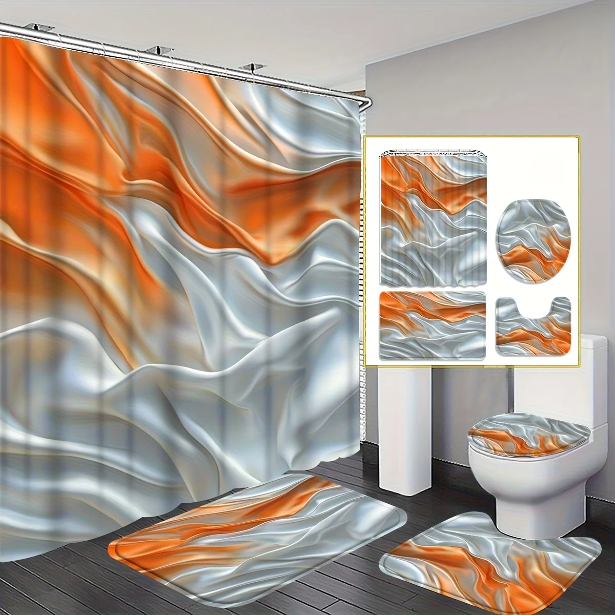 1 oder 4-teiliges Flüssigkunst-Duschvorhang-Set – Orange-Silberner Wirbel Modernes Badezimmer-Dekor – Waschbarer Stoffvorhang und Teppiche